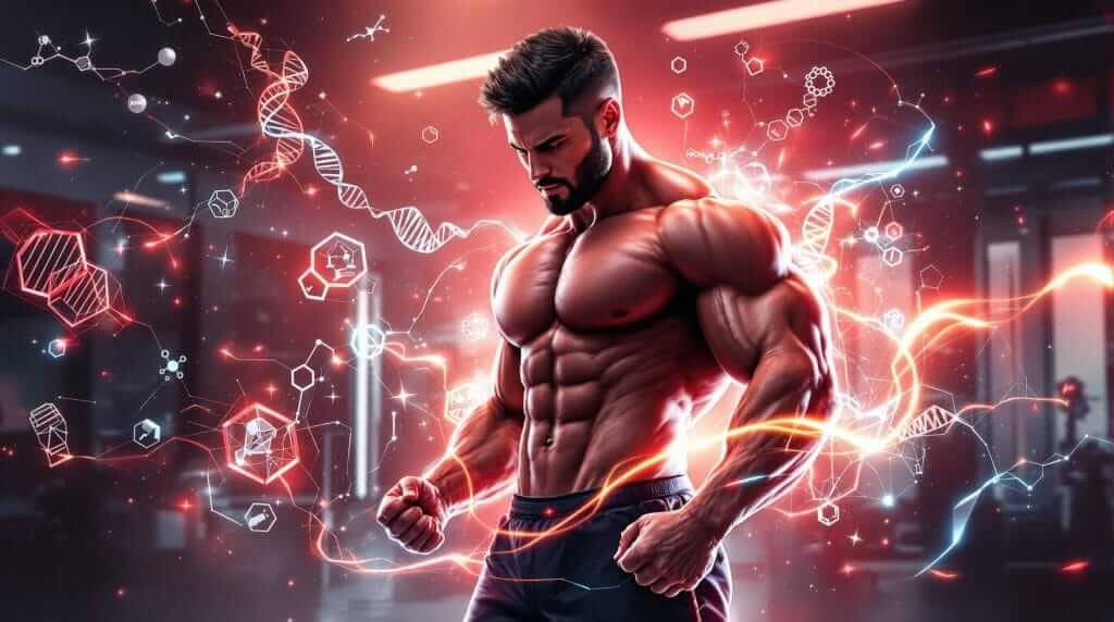 Deca Durabolin Guide: Safe Use, Performance Enhancement & Strength Training 3 A muscular athlete in a modern gym surrounded by DNA strands and molecular visuals, showcasing Deca's benefits for muscle growth and recovery.