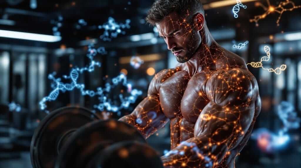 Deca Durabolin Guide: Safe Use, Performance Enhancement & Strength Training 1 A muscular athlete training in a modern gym, surrounded by glowing scientific visuals, symbolizing Deca’s role in muscle growth and recovery.