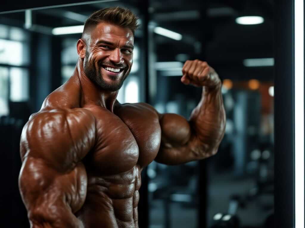 Deca Durabolin Guide: Safe Use, Performance Enhancement & Strength Training 2 Muscular male bodybuilder smiling and flexing confidently in front of a gym mirror in a modern gym setting.